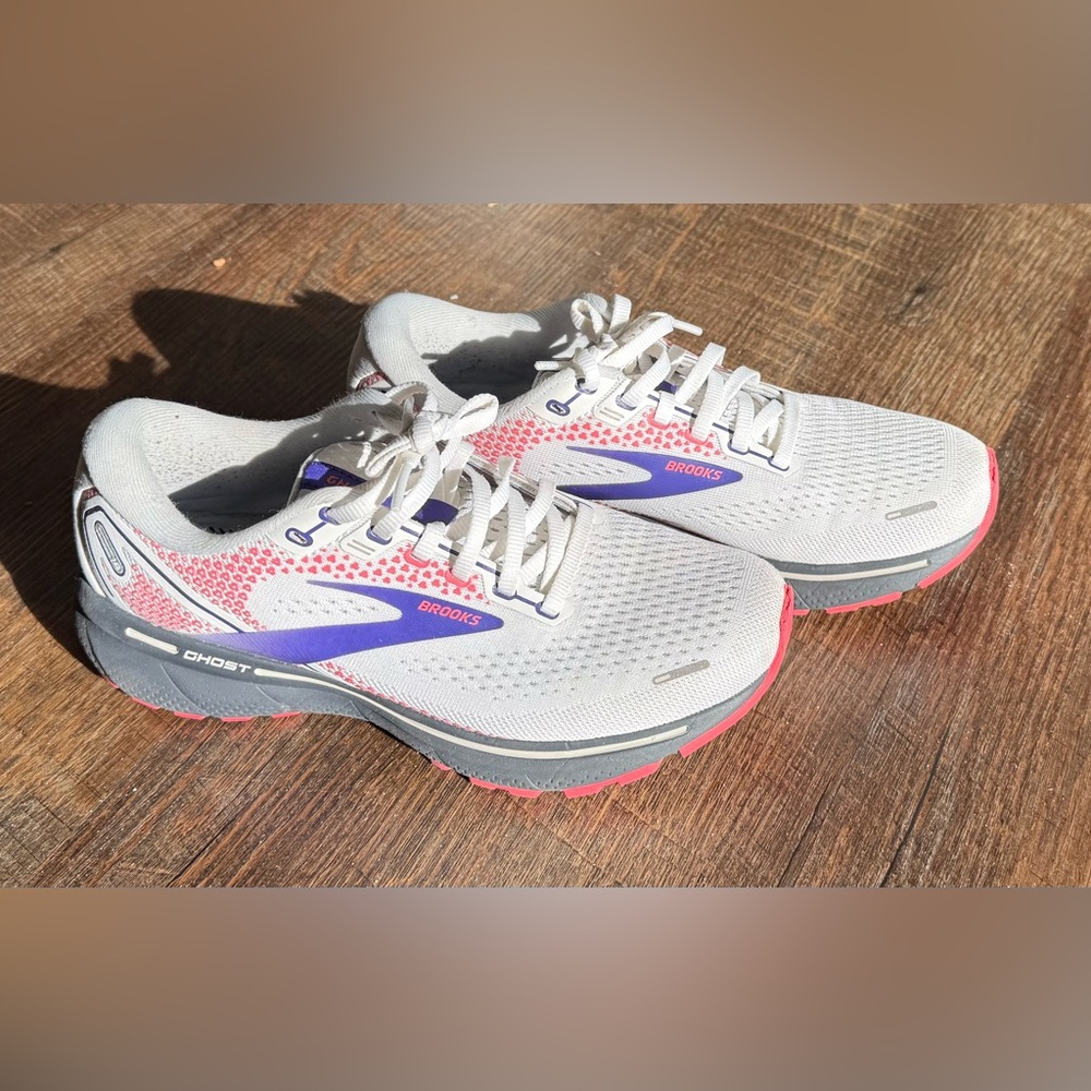 Brooks Ghost Sneakers in White with Purple and Pink Accents